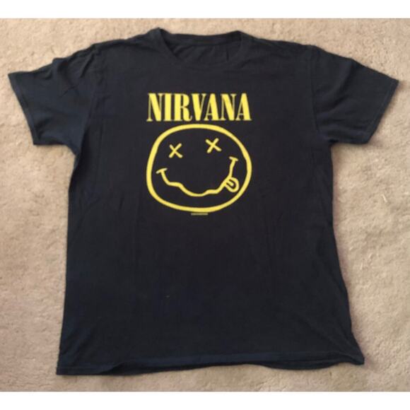 Nirvana Smiley Face Kurt Cobain Grunge 90's Black T-Shirt Medium - Picture 1 of 3